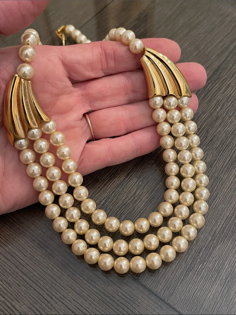 Vintage Napier Three Strand Waterfall Faux Pearl Necklace - Ivory/Cream 18” appr